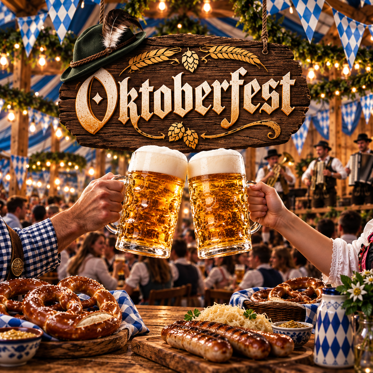 A festive Oktoberfest scene with two people raising clinking beer mugs under a large wooden 'Oktoberfest' sign. The table in front holds pretzels, sausages, sauerkraut, and blue-and-white patterned dishes, with a band and Bavarian decor visible in the background.